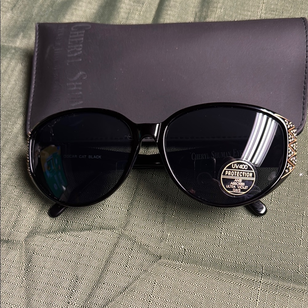 Cheryl Shuman Black Sunglasses with Sparkle Accents